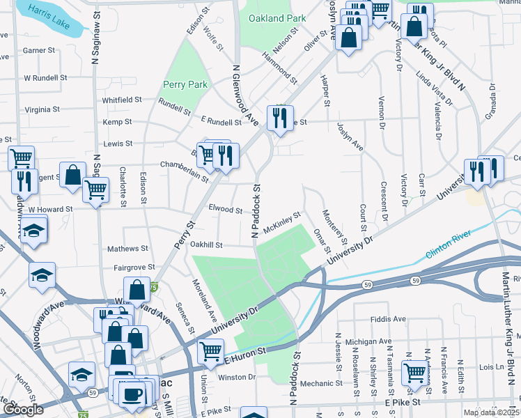 map of restaurants, bars, coffee shops, grocery stores, and more near 346 North Paddock Street in Pontiac
