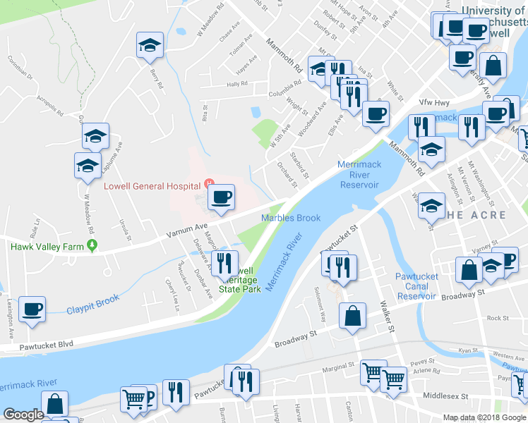 map of restaurants, bars, coffee shops, grocery stores, and more near 228 Varnum Avenue in Lowell