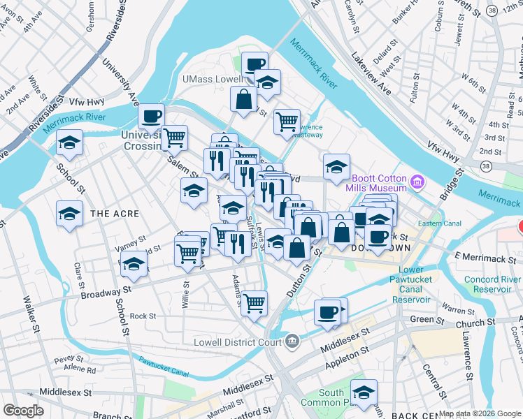 map of restaurants, bars, coffee shops, grocery stores, and more near 501 Salem Street in Lowell