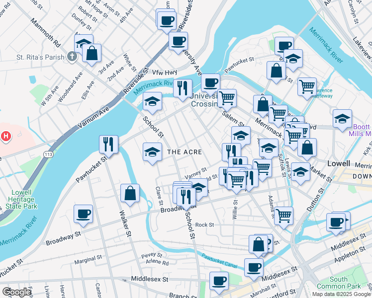map of restaurants, bars, coffee shops, grocery stores, and more near 150 School Street in Lowell