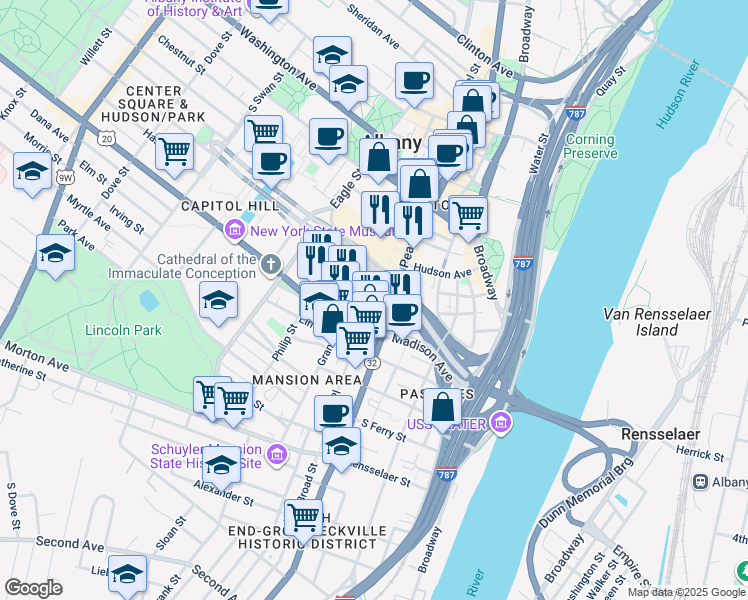 map of restaurants, bars, coffee shops, grocery stores, and more near 101 South Pearl Street in Albany