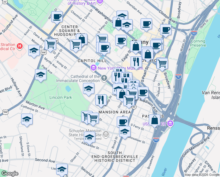 map of restaurants, bars, coffee shops, grocery stores, and more near 64 Elm Street in Albany