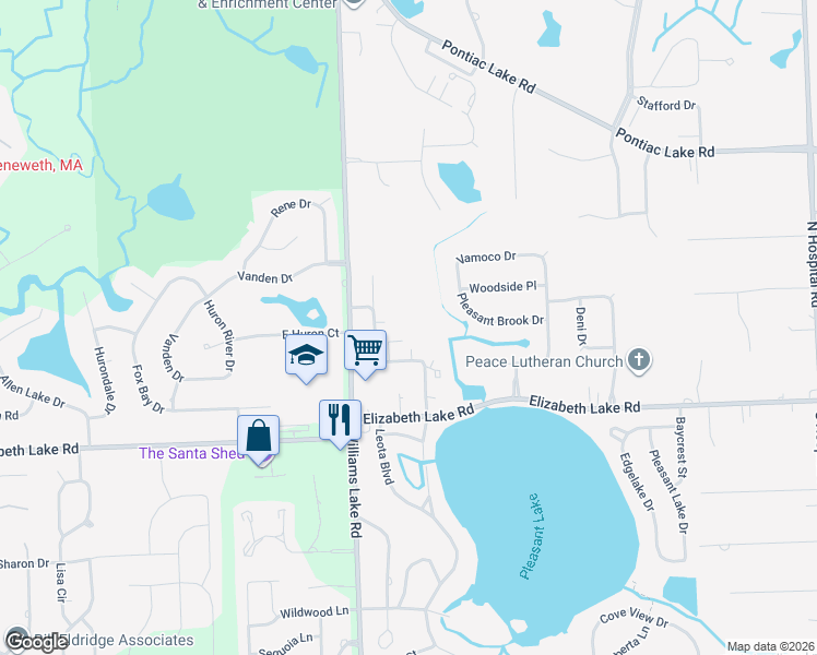 map of restaurants, bars, coffee shops, grocery stores, and more near 7794 Pleasant Manor Drive in Waterford Township