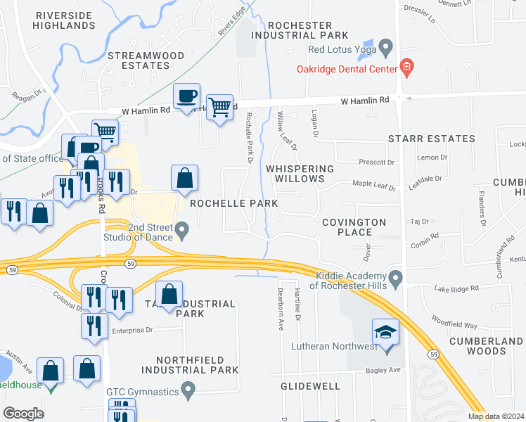 map of restaurants, bars, coffee shops, grocery stores, and more near 2221 Siboney Court in Rochester Hills