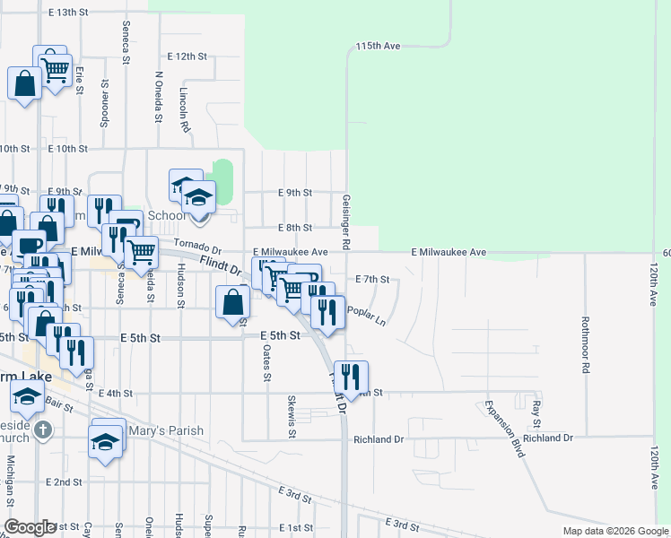 map of restaurants, bars, coffee shops, grocery stores, and more near 729 Linden Lane in Storm Lake