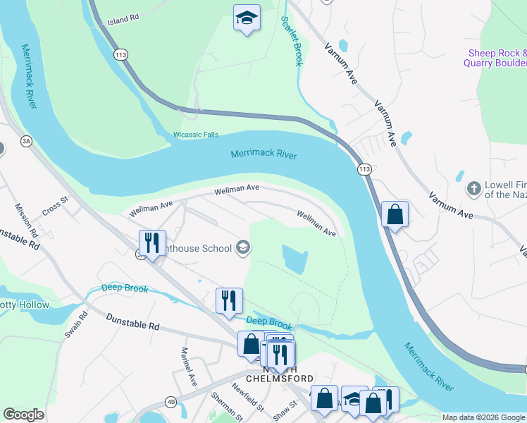 map of restaurants, bars, coffee shops, grocery stores, and more near 298 Wellman Avenue in Chelmsford