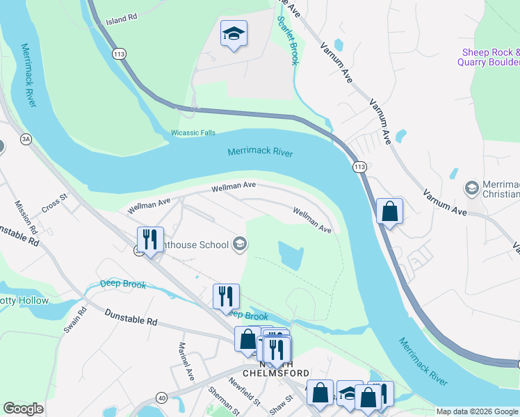 map of restaurants, bars, coffee shops, grocery stores, and more near 629 Wellman Avenue in Chelmsford