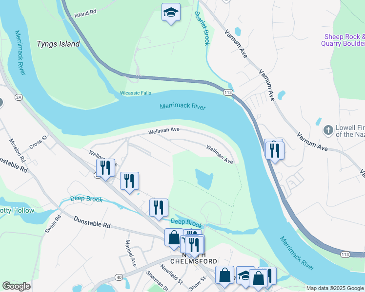 map of restaurants, bars, coffee shops, grocery stores, and more near 502 Wellman Avenue in Chelmsford