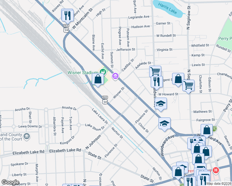 map of restaurants, bars, coffee shops, grocery stores, and more near 110 Pinegrove Street in Pontiac