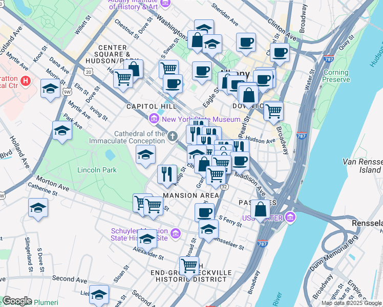 map of restaurants, bars, coffee shops, grocery stores, and more near Madison Avenue & Philip Street in Albany