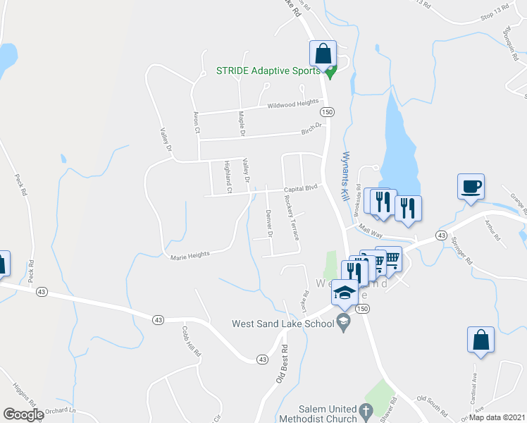 map of restaurants, bars, coffee shops, grocery stores, and more near 31 Denver Drive in West Sand Lake