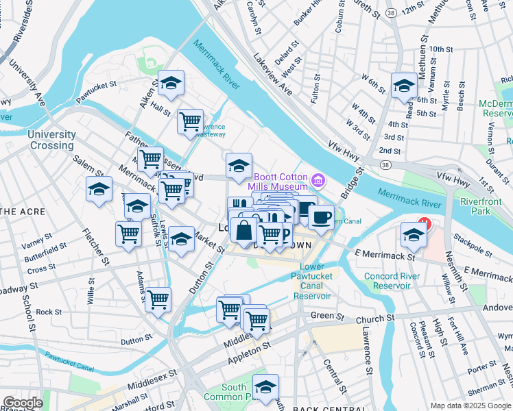 map of restaurants, bars, coffee shops, grocery stores, and more near Lucy Larcom Park in Lowell
