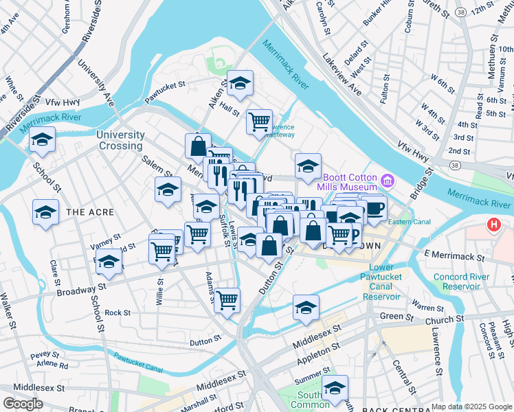 map of restaurants, bars, coffee shops, grocery stores, and more near in Lowell