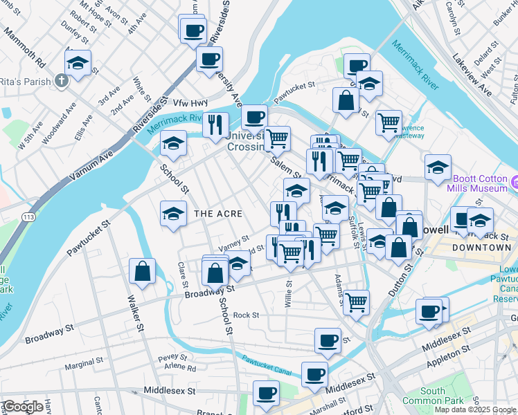 map of restaurants, bars, coffee shops, grocery stores, and more near 456 Fletcher Street in Lowell