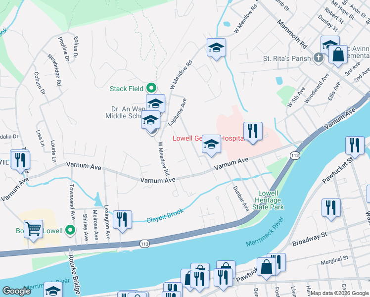 map of restaurants, bars, coffee shops, grocery stores, and more near 46 Ursula Street in Lowell