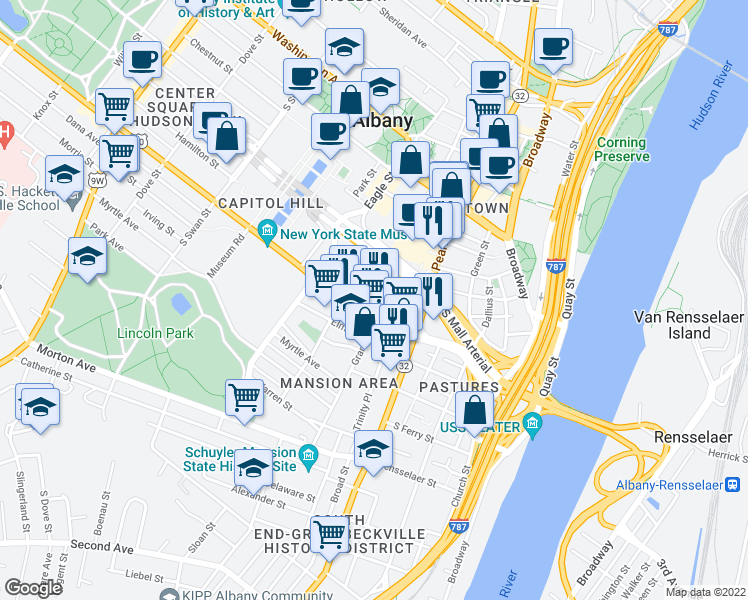 map of restaurants, bars, coffee shops, grocery stores, and more near 63 Grand Street in Albany