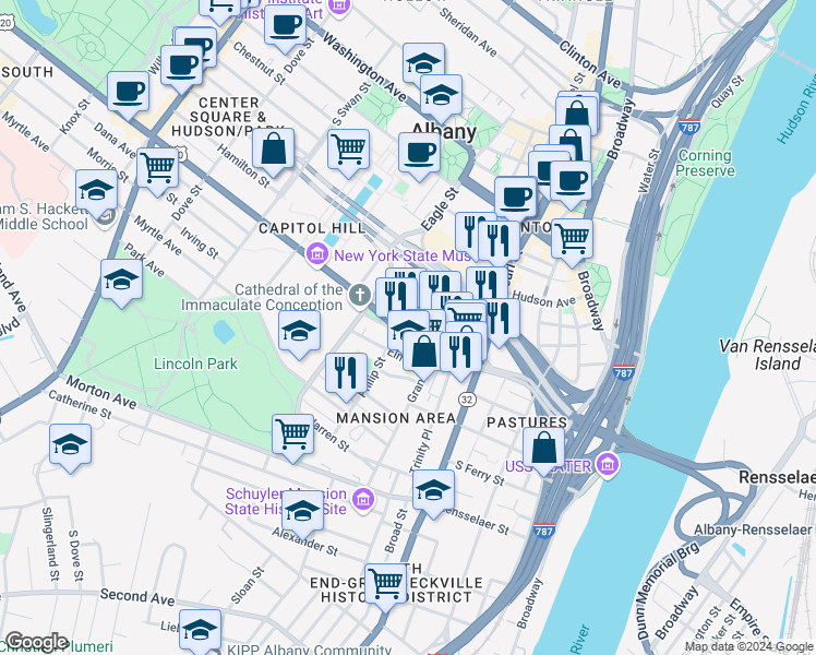 map of restaurants, bars, coffee shops, grocery stores, and more near 176 Madison Avenue in Albany