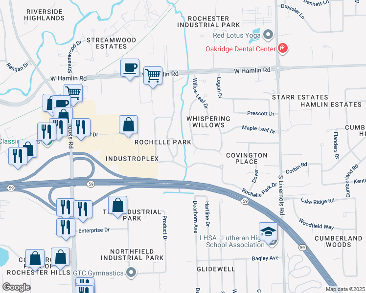 map of restaurants, bars, coffee shops, grocery stores, and more near 2225 Siboney Court in Rochester Hills