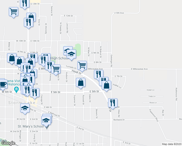map of restaurants, bars, coffee shops, grocery stores, and more near 825 Flindt Drive in Storm Lake