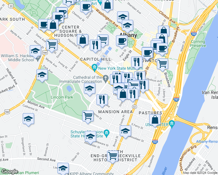 map of restaurants, bars, coffee shops, grocery stores, and more near 8 Madison Place in Albany