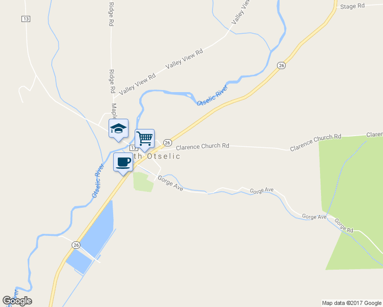 map of restaurants, bars, coffee shops, grocery stores, and more near 120 Clarence Church Road in South Otselic