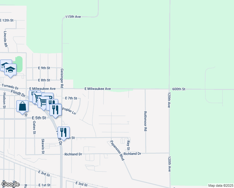 map of restaurants, bars, coffee shops, grocery stores, and more near 1506 East Milwaukee Avenue in Storm Lake