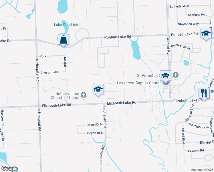 map of restaurants, bars, coffee shops, grocery stores, and more near 6482 Misty Court in Waterford Township