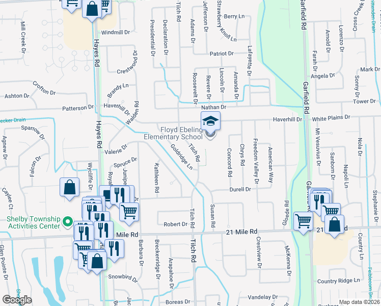 map of restaurants, bars, coffee shops, grocery stores, and more near 47576 Goldridge Lane in Macomb