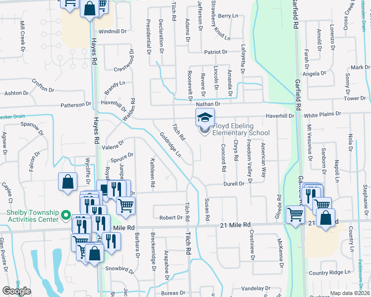 map of restaurants, bars, coffee shops, grocery stores, and more near 47576 Goldridge Lane in Macomb