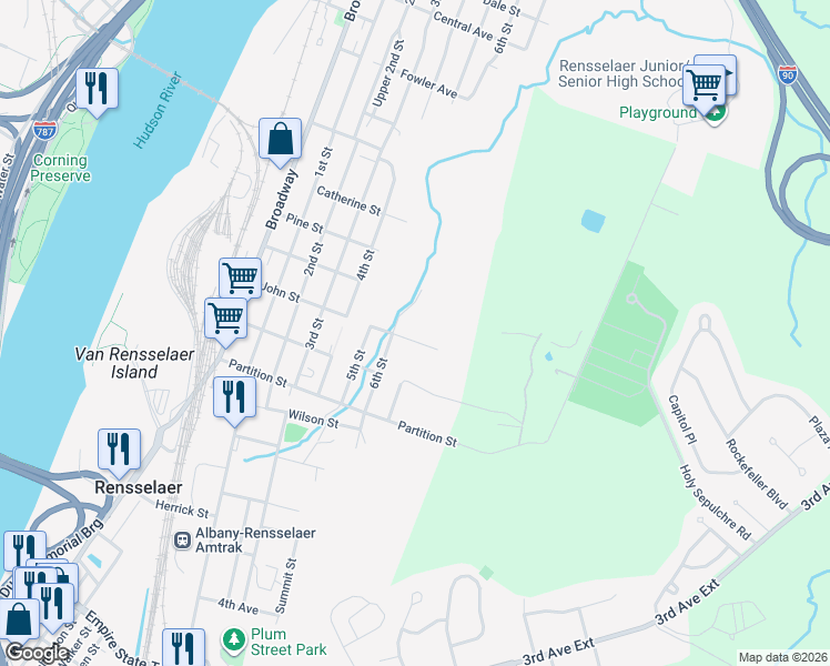 map of restaurants, bars, coffee shops, grocery stores, and more near 105 John Street in Rensselaer