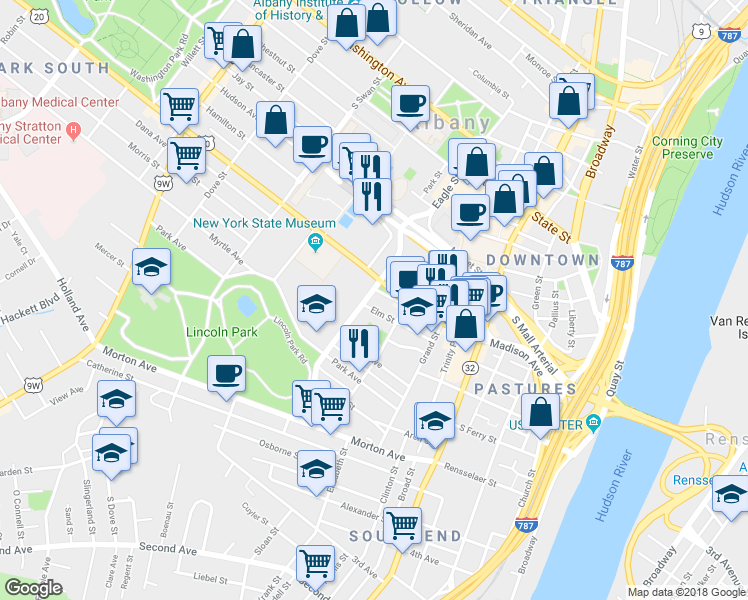 map of restaurants, bars, coffee shops, grocery stores, and more near 125 Eagle St in Albany