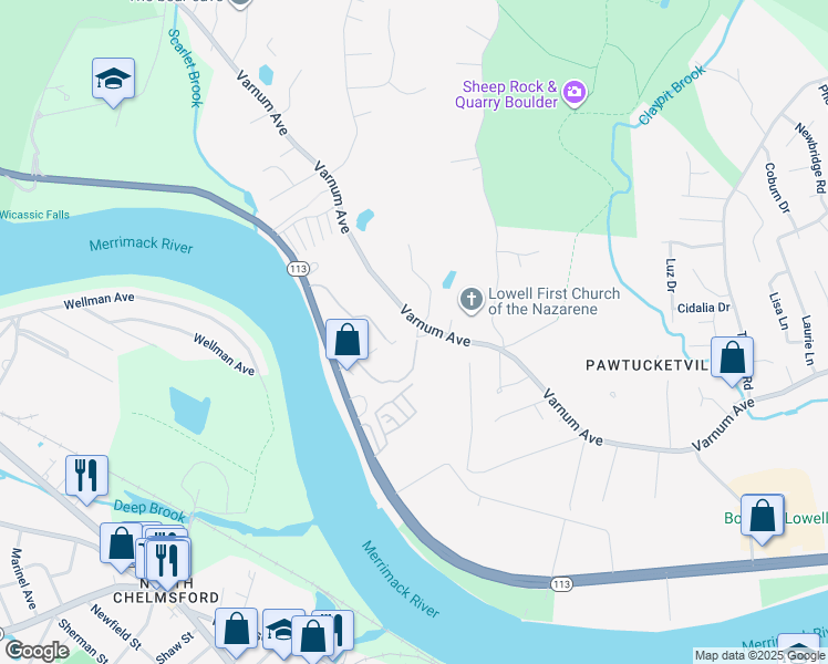 map of restaurants, bars, coffee shops, grocery stores, and more near 1268 Varnum Avenue in Lowell