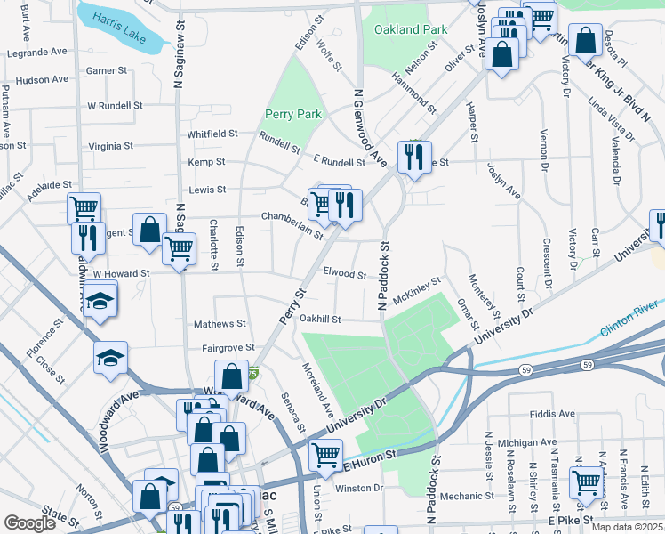 map of restaurants, bars, coffee shops, grocery stores, and more near 19 Elwood Street in Pontiac