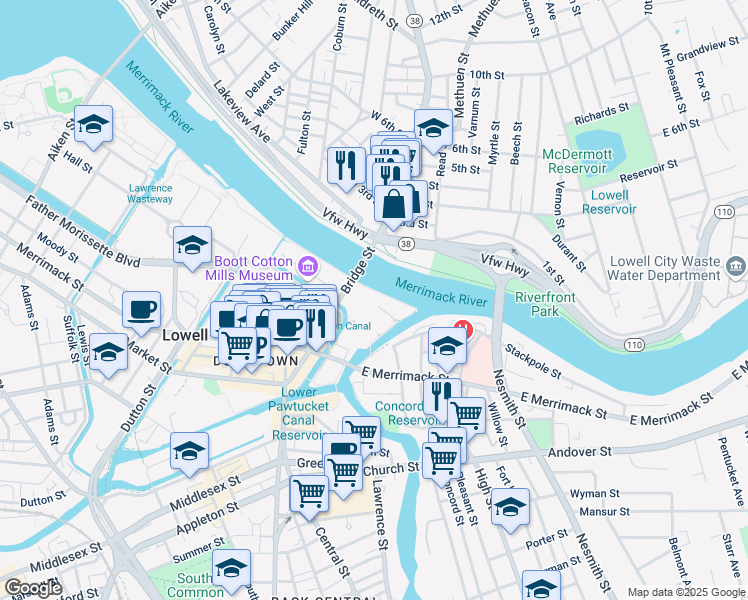 map of restaurants, bars, coffee shops, grocery stores, and more near 300 Massmills Drive in Lowell