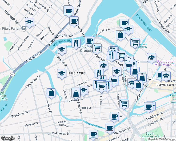 map of restaurants, bars, coffee shops, grocery stores, and more near 456 Fletcher Street in Lowell