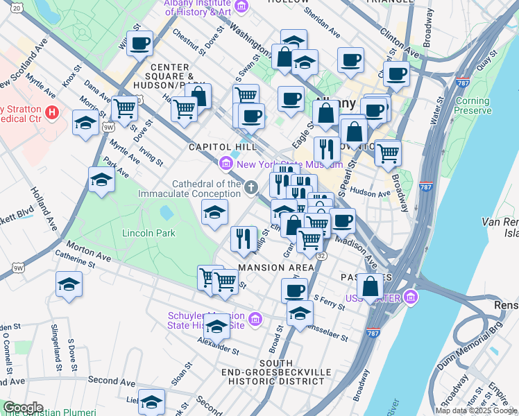 map of restaurants, bars, coffee shops, grocery stores, and more near 64 Elm Street in Albany