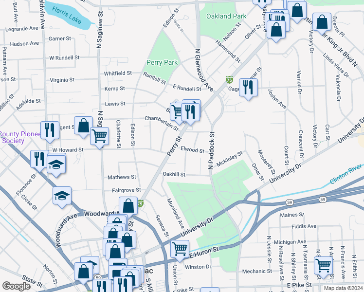 map of restaurants, bars, coffee shops, grocery stores, and more near 380 North Perry Street in Pontiac
