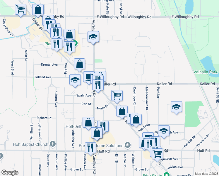 map of restaurants, bars, coffee shops, grocery stores, and more near 2219 Bertha Street in Delhi charter Township