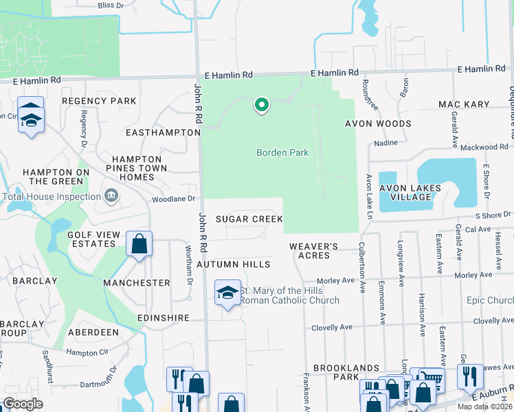 map of restaurants, bars, coffee shops, grocery stores, and more near 1139 Bluebird Drive in Rochester Hills