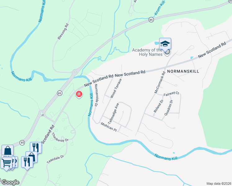 map of restaurants, bars, coffee shops, grocery stores, and more near 26 Wood Terrace in Albany