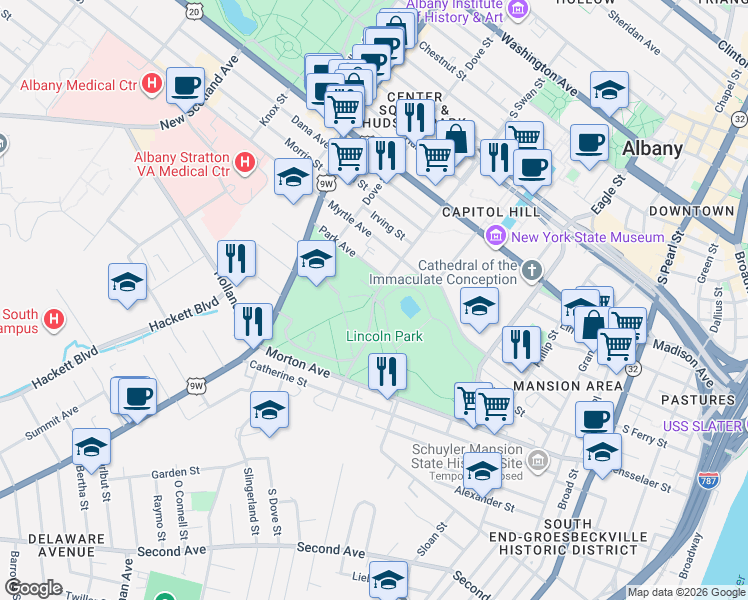 map of restaurants, bars, coffee shops, grocery stores, and more near Dr Martin Luther King Jr Blvd & Lincoln Park Rd in Albany