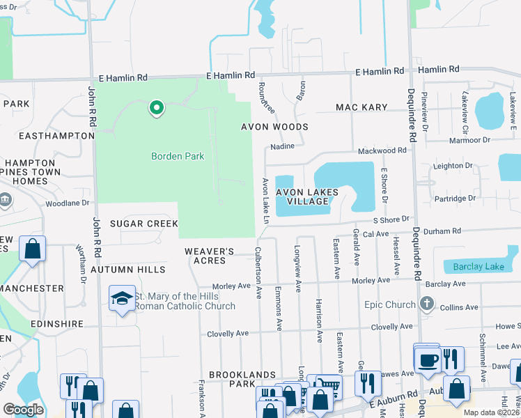map of restaurants, bars, coffee shops, grocery stores, and more near 2249 Avon Lake Lane in Rochester Hills