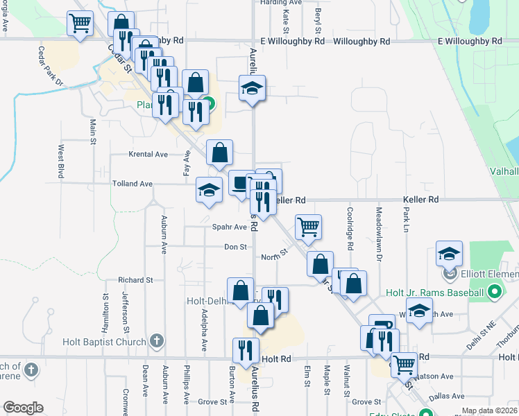 map of restaurants, bars, coffee shops, grocery stores, and more near 2233 North Cedar Street in Delhi charter Township