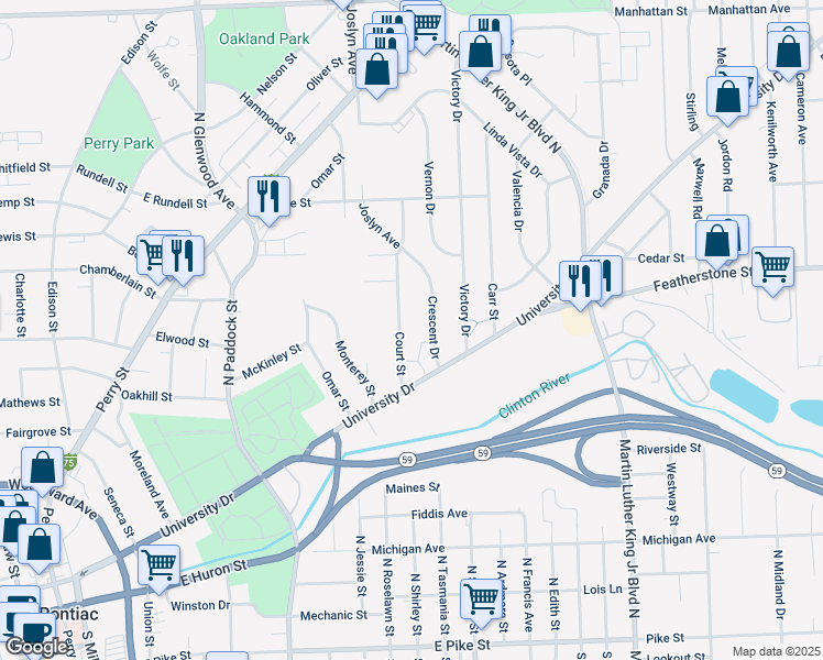 map of restaurants, bars, coffee shops, grocery stores, and more near 62 Court Street in Pontiac