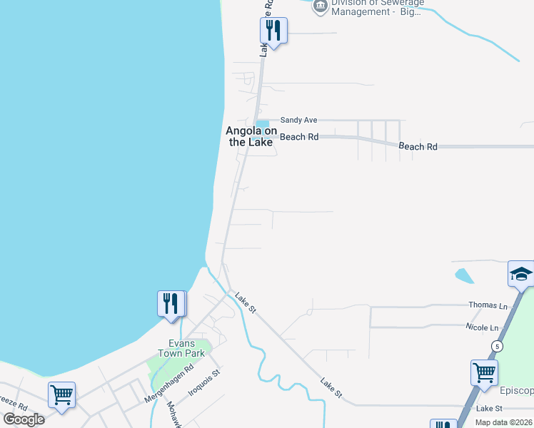 map of restaurants, bars, coffee shops, grocery stores, and more near 651 Albeeville Avenue in Angola