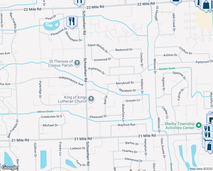 map of restaurants, bars, coffee shops, grocery stores, and more near 13831 Greenville Drive in Macomb County