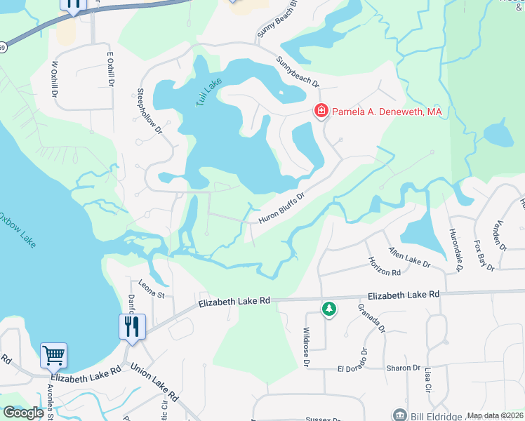 map of restaurants, bars, coffee shops, grocery stores, and more near 9105 Huron Bluffs Drive in White Lake charter Township