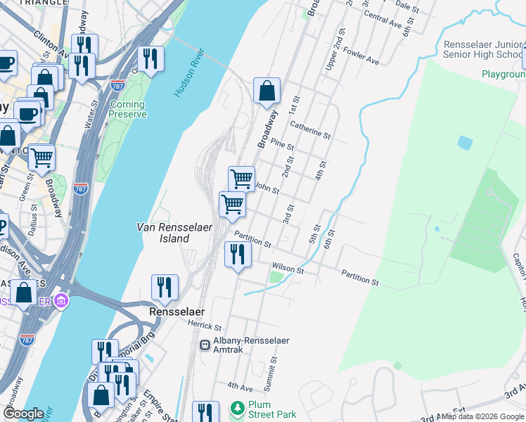 map of restaurants, bars, coffee shops, grocery stores, and more near in Rensselaer