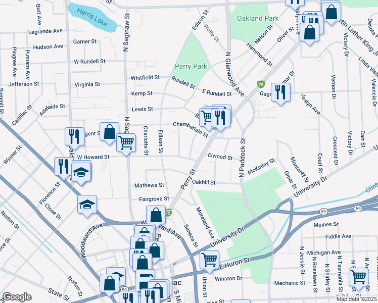 map of restaurants, bars, coffee shops, grocery stores, and more near 15 Gingell Court in Pontiac