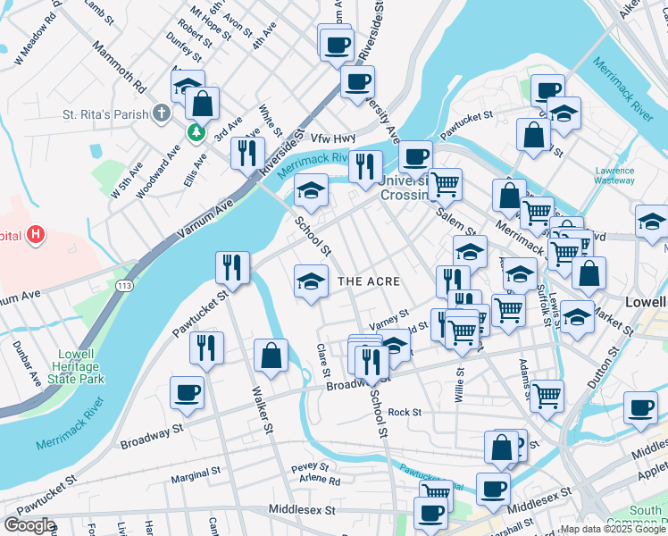 map of restaurants, bars, coffee shops, grocery stores, and more near 70 Wannalancit Street in Lowell